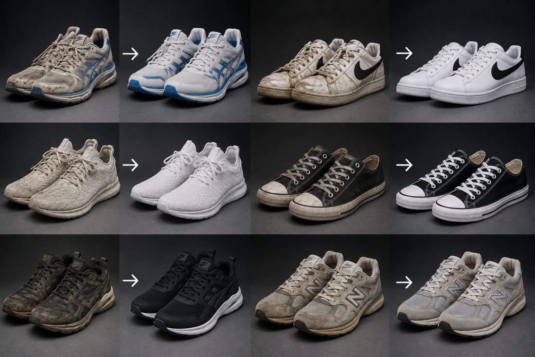 Before and after sneaker cleaning results — six pairs restored